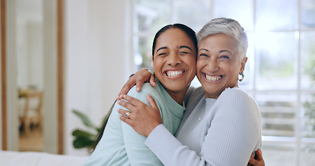 Image showing Hug, happy and portrait of mother and daughter in home for bonding, relationship and smile together. Family, love and mature mom embrace adult woman for mothers day, support and care in living room