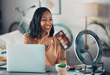 Image showing Beauty blogger, social media influencer and phone podcast recording a makeup review, showing tutorial and promoting cosmetics while sitting at home. Happy female content creator streaming online