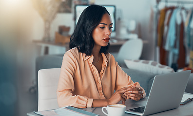 Image showing Working, reading and serious business woman on her office computer busy with online web research. Digital marketing employee thinking and planning a sale strategy project, proposal or workplace idea