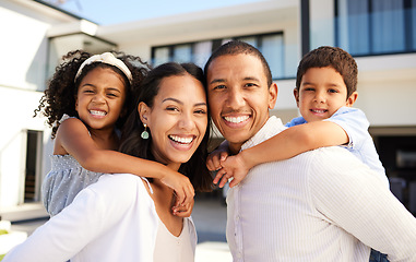 Image showing Love, smile and portrait of a happy family in the backyard of their modern home with a piggyback ride. Happiness, parents and children bonding, playing and quality time together outdoor at the house.