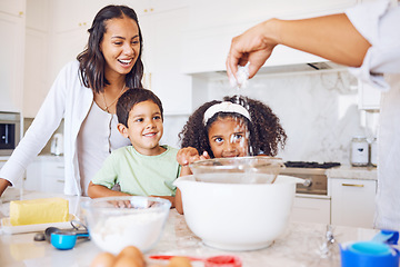 Image showing Happy family cooking, kitchen and learning development or quality time relationship bonding. Cheerful mom, dad teaching breakfast recipes and kids baking together with support in family home