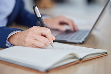 Image showing Typing, reading and writing business man working with a notebook, office computer and journal. Hands closeup of a finance worker multitasking and planning a company project or client strategy