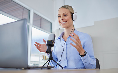 Image showing Podcast, radio interview or working digital web presenter live streaming talking to an audience. Internet voice talent, speaker or influencer with headphones and microphone talk online about business