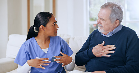 Image showing Nurse, communication and elderly man with chest pain, lunge cancer or sick from heart infection, virus or tuberculosis. Caregiver consultation, healthcare support and client explain breathing problem