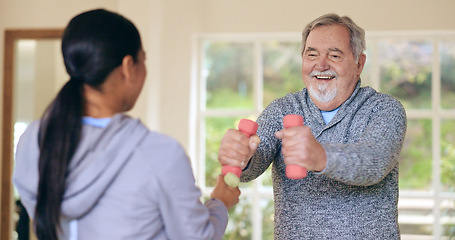 Image showing Woman, elderly man and workout with dumbbells, health and happy for progress in nursing home. Personal trainer, physiotherapist and training for muscle, rehabilitation and exercise in retirement