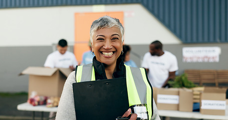 Image showing Woman, clipboard and manager in charity, volunteer and organizer for outreach program, smile and portrait. Happy senior person, non profit and support in social responsibility for NGO foundation