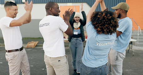 Image showing Volunteer, applause and group of people celebrate for charity, donation target and teamwork. Collaboration, volunteering and men and women clapping for success in NGO, recycle and community service