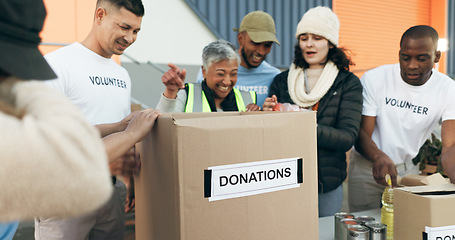 Image showing Team, volunteer and people for charity, donations and community service or social responsibility. Happy group of workers, non profit and collaboration in outreach program, distribution and support