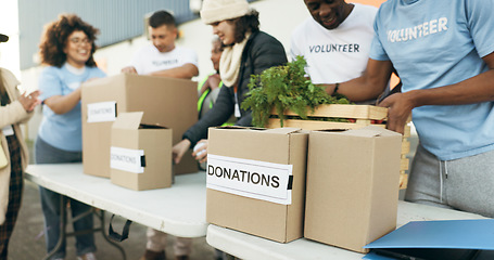 Image showing Group of people, volunteering and food boxes on table for charity event with care, kindness and trust. Community donation, men and women at ngo with grocery package distribution at non profit project