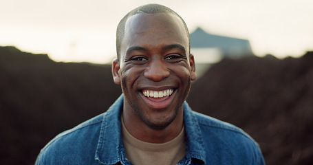 Image showing Happy, black man and portrait outdoor on farm, land and eco friendly compost with soil or dirt in Nigeria. African, farmer or smile for work in composting, farming and fertiliser for earth or plants