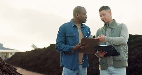 Image showing Team, compost business and agriculture of people with clipboard, planning or collaboration. Men in discussion at industrial fertilizer plant, recycle soil or organic waste management on mockup space