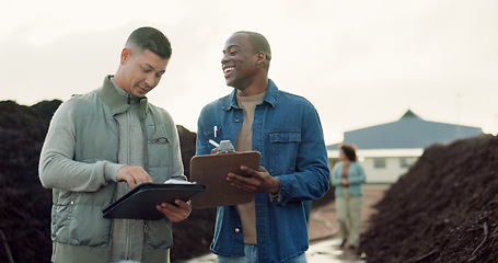 Image showing Team, compost business or agriculture of men with clipboard, tablet or collaboration. Happy people in discussion for industrial soil production, recycle fertilizer or organic waste management outdoor