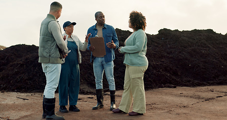 Image showing Team, farmer or agriculture or business talking on dirt land or collaboration, compost or environment plant growth. Man, woman or planning field soil management, fertilizer or gardening paperwork