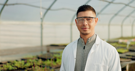 Image showing Greenhouse, farmer and portrait of man with eco friendly, sustainability and green agriculture for wellness. Scientist, face or pride of entrepreneur of small business, healthy food or agro vision