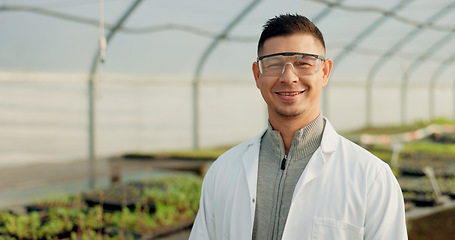 Image showing Portrait, botanist and happy man at greenhouse for science farm organic vegetables, plant or growth for ecology. Face, smile and scientist at nursery for agriculture in goggles for research in Mexico