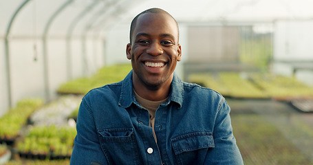 Image showing Man, farming and happy portrait in greenhouse, healthy food and sustainability in eco friendly agriculture. Black entrepreneur, face and africa nutrition in ngo farm startup, ecology and vegetables