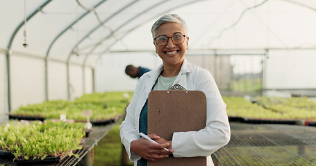 Image showing Scientist, woman and checklist for greenhouse plants, farming and agriculture inspection in happy portrait. Science expert or senior farmer with clipboard for food security, growth and sustainability