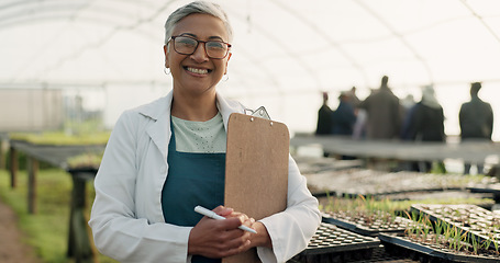 Image showing Scientist, portrait and checklist for greenhouse plants, farming and agriculture inspection or management. Science woman or senior farmer with clipboard for food security, growth and sustainability