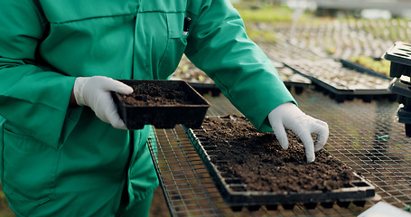 Image showing Farmer, hands and compost in garden, sustainable farming and worker for agriculture, gardening and growth. Soil blocking, ecology and organic products for eco friendly, plants and food production