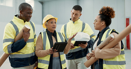 Image showing Engineering meeting, teamwork and people on tablet for blueprint, construction and building design or planning. Industry manager with digital floor plan, project management and warehouse architecture