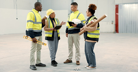 Image showing Construction site, meeting and business people in a building planning, discussion or or share renovation ideas. Architecture, project management and engineer team in warehouse for design conversation