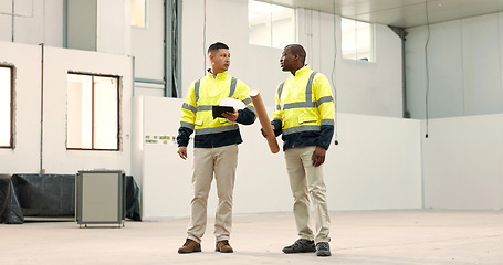 Image showing Construction, tablet and men with blueprint for planning, design and meeting in building. Architecture, engineering and contractors on digital tech for inspection, property development and project