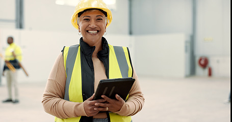 Image showing Happy woman, portrait and senior engineer with tablet for warehouse inspection, inventory or storage. Mature female person, architect or contractor smile with technology and hat in safety management