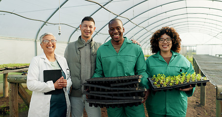 Image showing Farmer, teamwork and people in greenhouse for agriculture, sustainability and gardening or farming with green plants. Food scientist, manager and people in happy portrait with eco friendly business