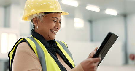 Image showing Architecture, woman and tablet at construction site warehouse for happy inspection and building or design planning. Excited senior manager on digital technology for industrial software or engineering