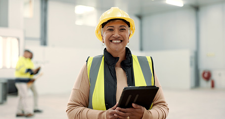 Image showing Engineering, woman and tablet at warehouse or construction site for happy inspection or project management. Portrait of industrial and senior manager on digital technology and architecture planning