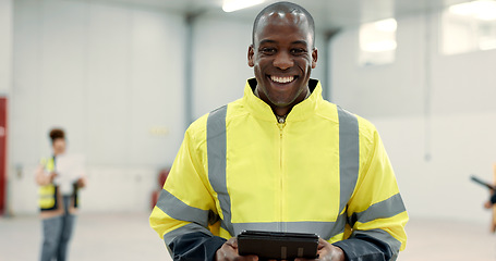Image showing Happy black man, portrait and engineer with tablet for warehouse inspection, inventory or storage. African male person, architect or contractor smile with technology for quality control or management