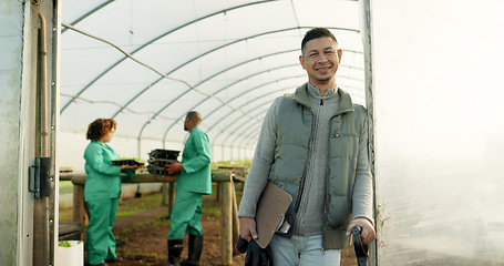 Image showing Portrait, farmer or happy man at greenhouse at garden with checklist for organic vegetables, plant or growth. Clipboard, smile or person at nursery for agriculture, worker or business owner in Mexico