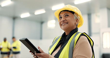 Image showing Happy engineering, woman thinking and tablet for construction, planning building and renovation inspection. Senior manager with digital tech and checklist for warehouse ideas, project or architecture