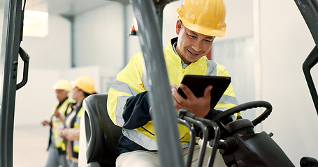 Image showing Construction, tablet and man in forklift vehicle for maintenance, planning and renovation in building. Civil engineering, machine and contractor on digital tech for online design, project and report