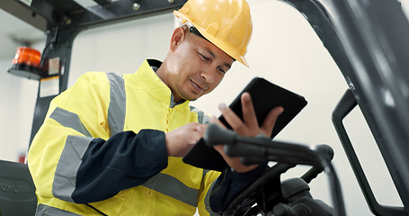 Image showing Construction, tablet and man in forklift machine for maintenance, planning and renovation in building. Engineering, architecture and contractor on digital tech for online design, project and report