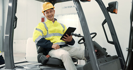 Image showing Construction, tablet and portrait of man in forklift machine for maintenance, planning and renovation. Engineering, architecture and contractor on digital tech for online design, building and report