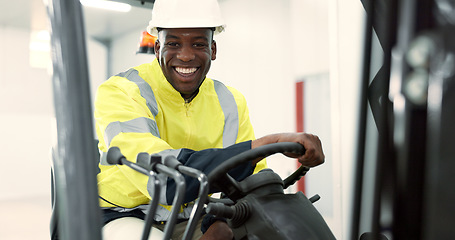 Image showing Engineer man, forklift and smile in portrait for logistics, supply chain or working in warehouse. Employee, helmet and reflective gear for safety at shipping workshop in vehicle for transportation