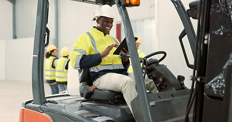 Image showing Construction site, tablet and black man in forklift machine for maintenance, planning and building renovation. Logistics, shipping and contractor on digital tech for online report in warehouse