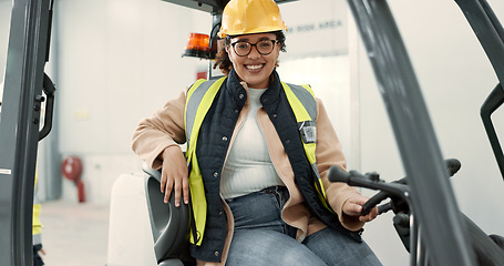 Image showing Engineer woman, forklift and smile in portrait for logistics, supply chain or working in warehouse. Employee, helmet and reflective gear for safety at shipping workshop in vehicle for transportation