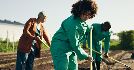 Image showing Woman, farm and environment with working and agriculture work with a smile of farmer. Sustainability, plants and garden soil with agro career and plowing planning with produce and growth inspection