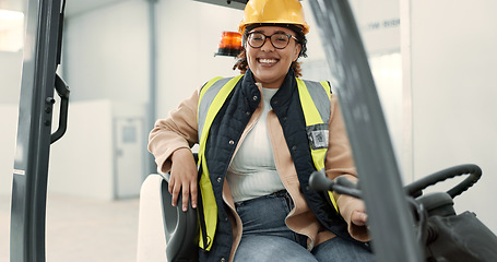 Image showing Engineer woman, forklift and driver in portrait for logistics, supply chain or working in warehouse. Employee, helmet and reflective gear for safety at shipping workshop in vehicle for transportation