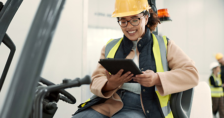 Image showing Construction site, tablet and woman in forklift machine for maintenance, planning and building renovation. Engineering, vehicle and contractor on digital tech for online design, research and report