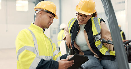 Image showing Engineer woman, man and forklift on tablet for logistics, supply chain or ideas on app in warehouse. Employees, helmet and reflective gear for safety at shipping workshop, analysis and transportation