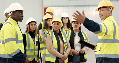 Image showing Construction site, teamwork and people in presentation for planning, meeting and discussion in building. Architecture, engineering and men and women for inspection, property development and project