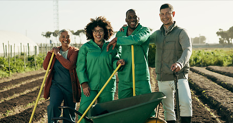 Image showing Portrait, people or team for agriculture on farm with tools, wheelbarrow or equipment for planting. Diverse group, man and woman with strategy, planning or collaboration for growth in sustainability