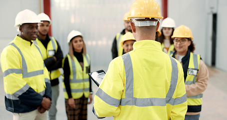 Image showing Construction, teamwork and people in meeting for planning, brainstorming and discussion in building. Architecture, engineering and men and women for inspection, training development and project