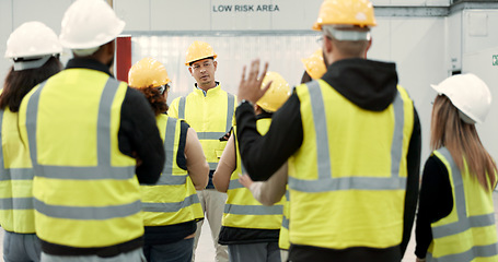 Image showing Construction site, meeting and people in discussion for planning, maintenance and renovation in building. Architecture, engineering and men and women for inspection, property development and project