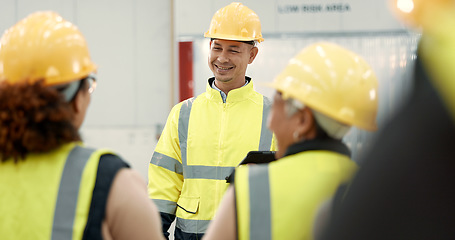 Image showing Construction site, engineering and people in discussion for planning, maintenance and renovation in building. Architecture, meeting and men and women for inspection, property development and project