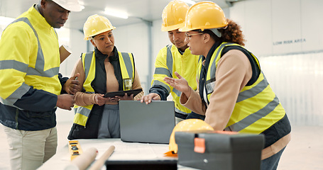 Image showing Construction site, laptop and people in discussion for planning, maintenance and renovation in building. Architecture, engineering and men and women on computer for inspection, development and design