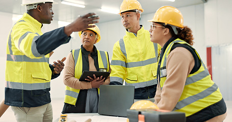 Image showing Engineering manager, teamwork and planning for warehouse development, construction site or building design on laptop. Industry people and leader talking of progress, safety and architecture workflow